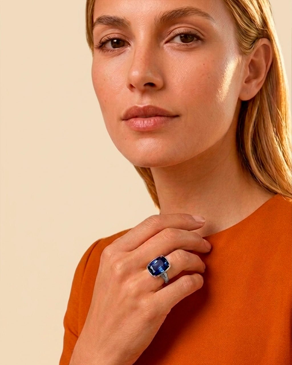 Sterling Silver Elongated Cushion Sapphire CZ Cocktail Ring