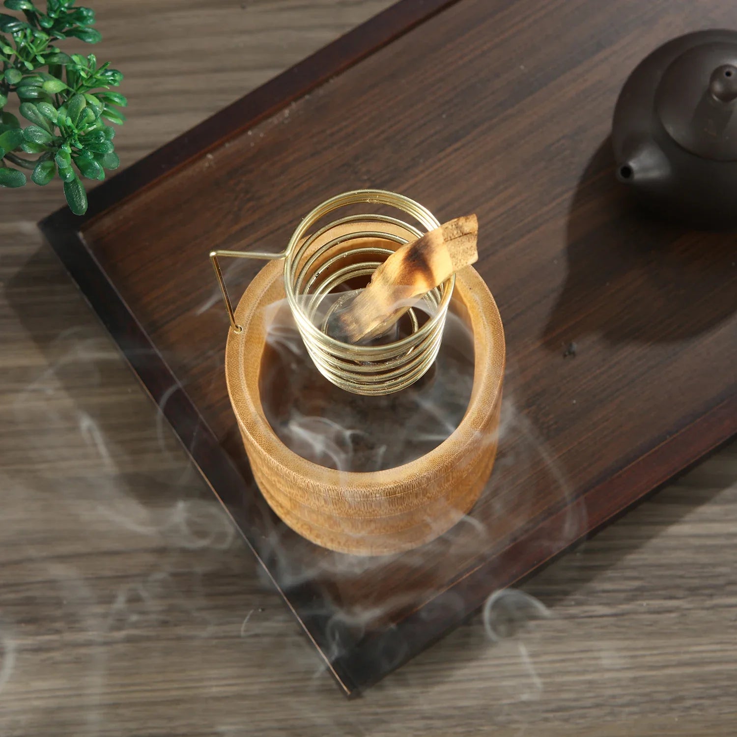 Bamboo Palo Santo Holder Metal Burner Sage Holder with Bamboo Ash Catcher Tray Incense Holder for Meditation Yoga Spa