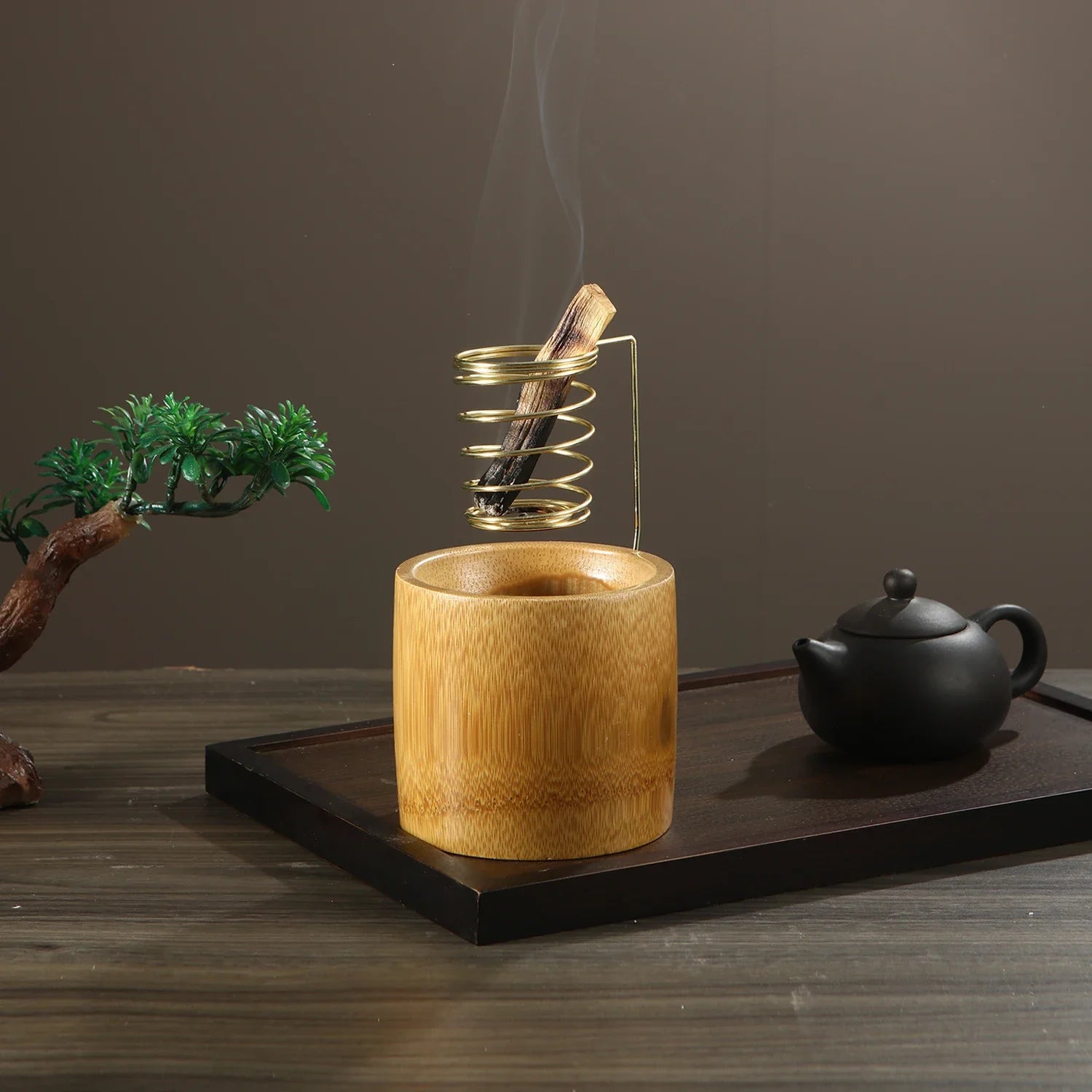 Bamboo Palo Santo Holder Metal Burner Sage Holder with Bamboo Ash Catcher Tray Incense Holder for Meditation Yoga Spa