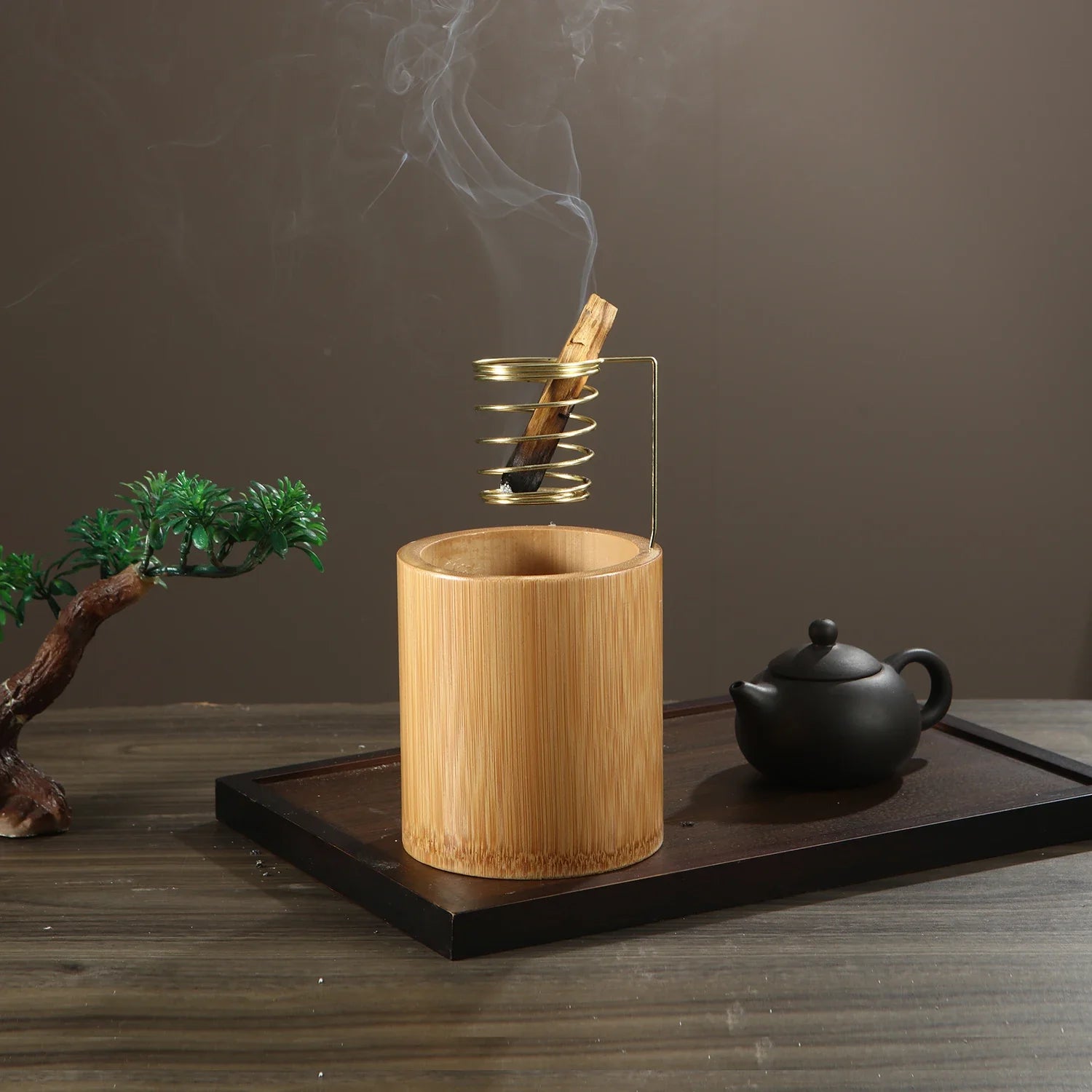 Bamboo Palo Santo Holder Metal Burner Sage Holder with Bamboo Ash Catcher Tray Incense Holder for Meditation Yoga Spa