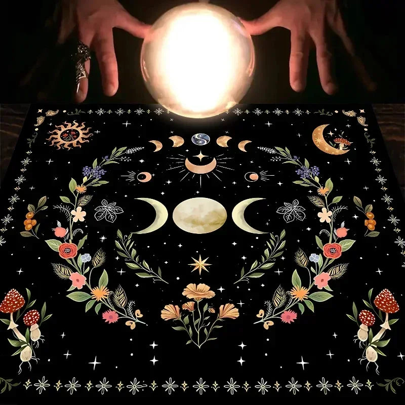 1pc Tarot Tablecloth, Altar Cloth, Moon Phase, Sun, Starry Sky, Flowers, Witchcraft, Altar Ritual Decoration Props
