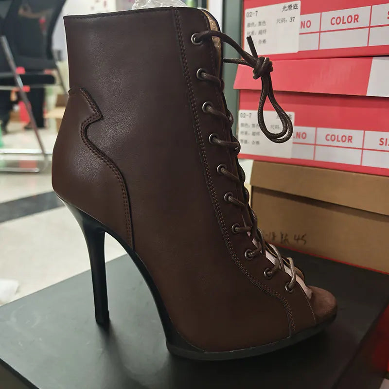 High Quality Customized Brown Latin Dance Shoes Open Toe High Heel Stiletto Boots Slim Heel 11cm Lace Up Dance Boots