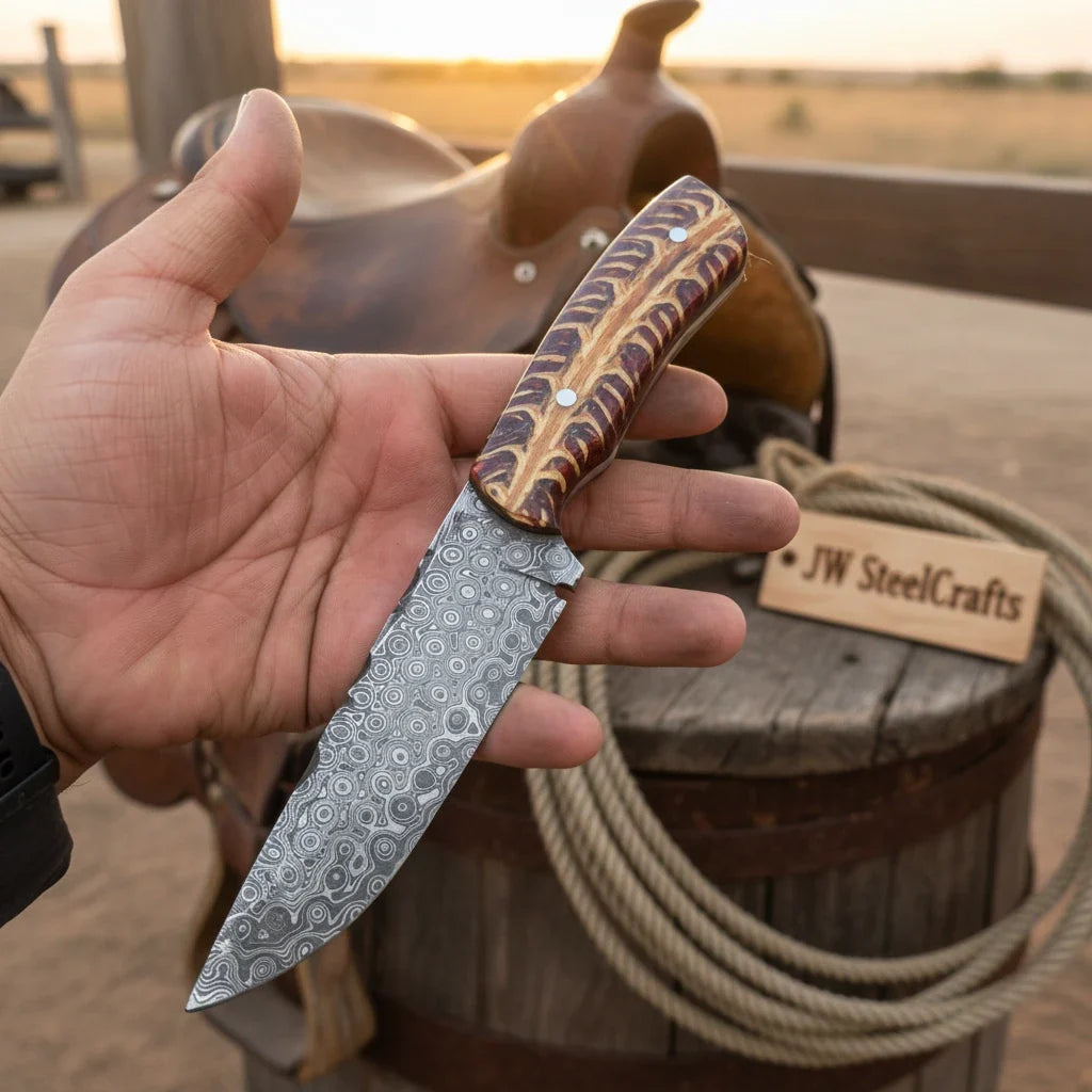 Corral Ridge Cowboy Blade 9” Handmade Damascus Stag Bone