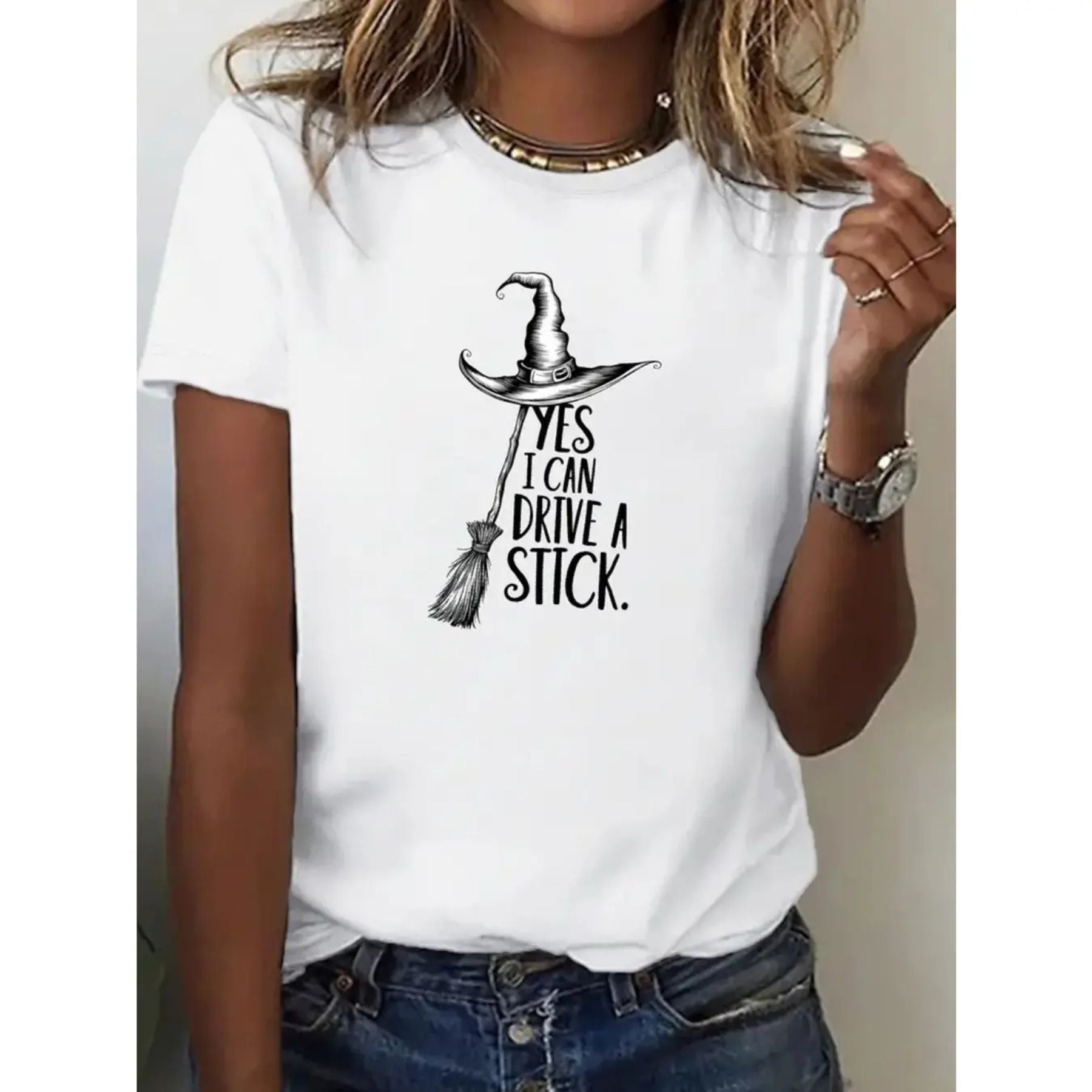 "Yes I Can Drive a Stick" Witch T-Shirt - Funny Halloween Graphic Tee, Women's All-Season Apparel