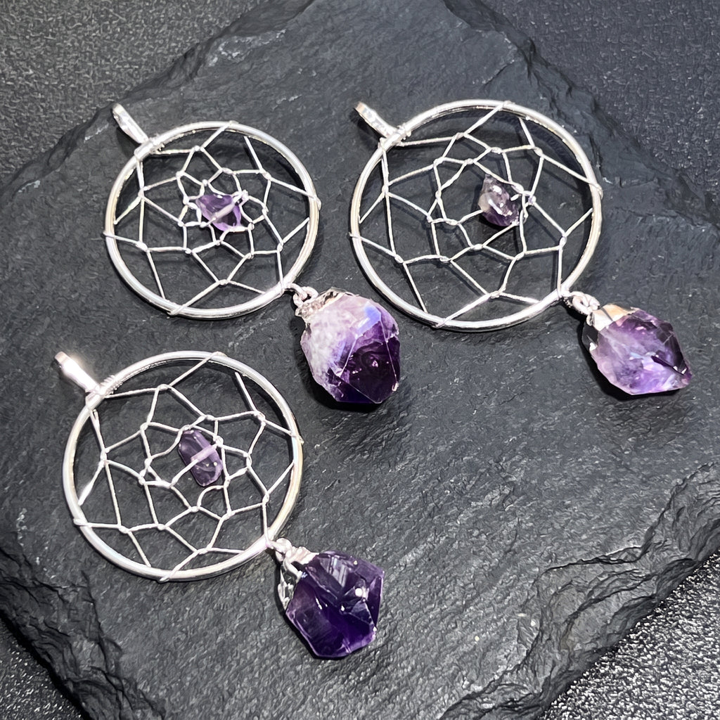 Dreamcatcher Pendant (Amethyst Crystal)(Silver Plated)