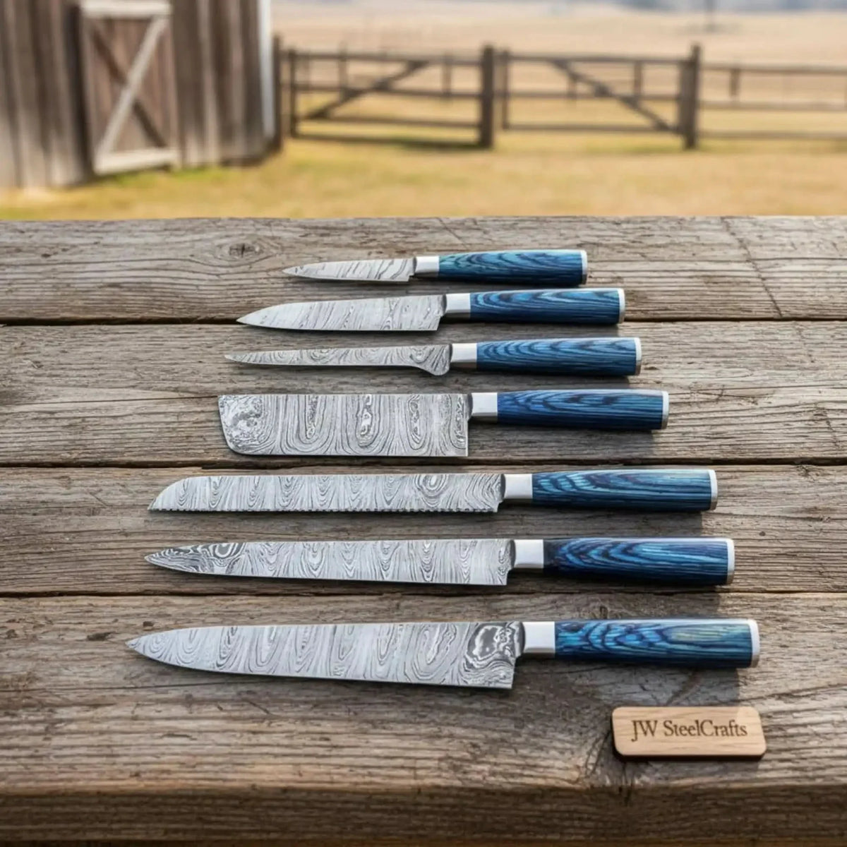Artisan Damascus Specialty Chef Set — Sujihiki Carver, Nakiri Cleaver & Bunka/Petty Trio Collection