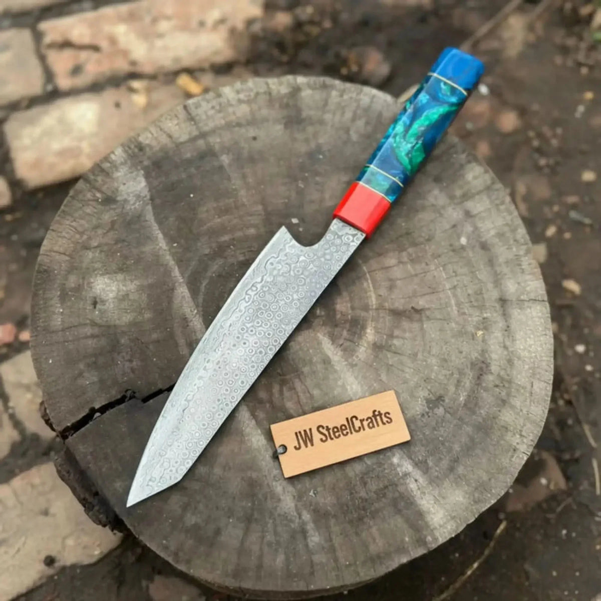 Kiritsuke Style Chef Knife Raindrop Damascus Steel Blade Epoxy Resin Handle | Japanese Kitchen Knife