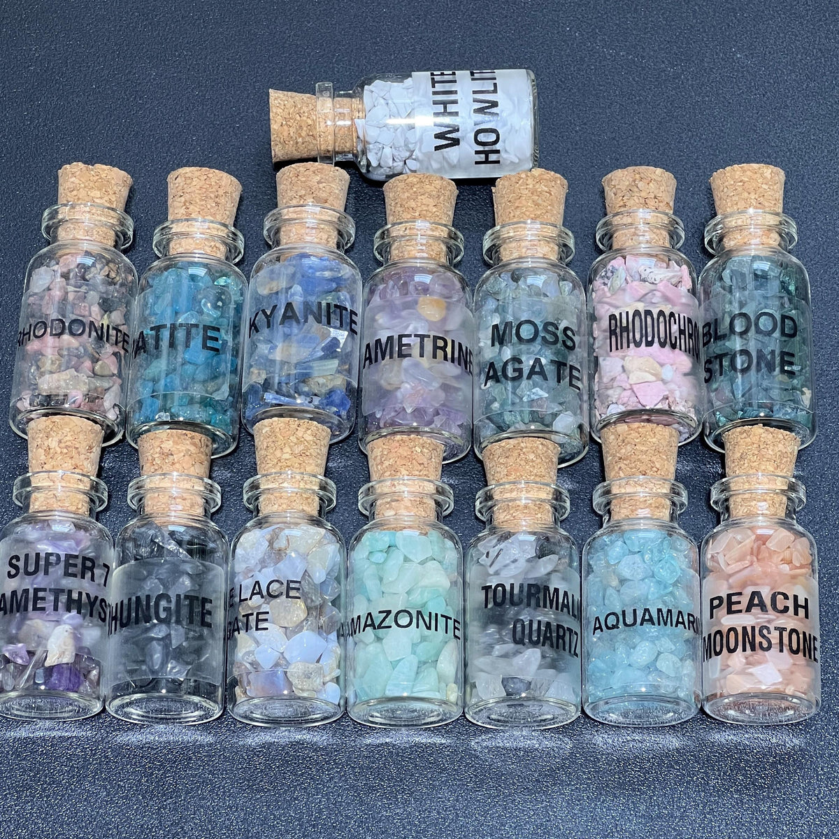 Gemstone Bottle Collection - 15-Piece Natural Rough Crystal Chips Gift Set Box Flat