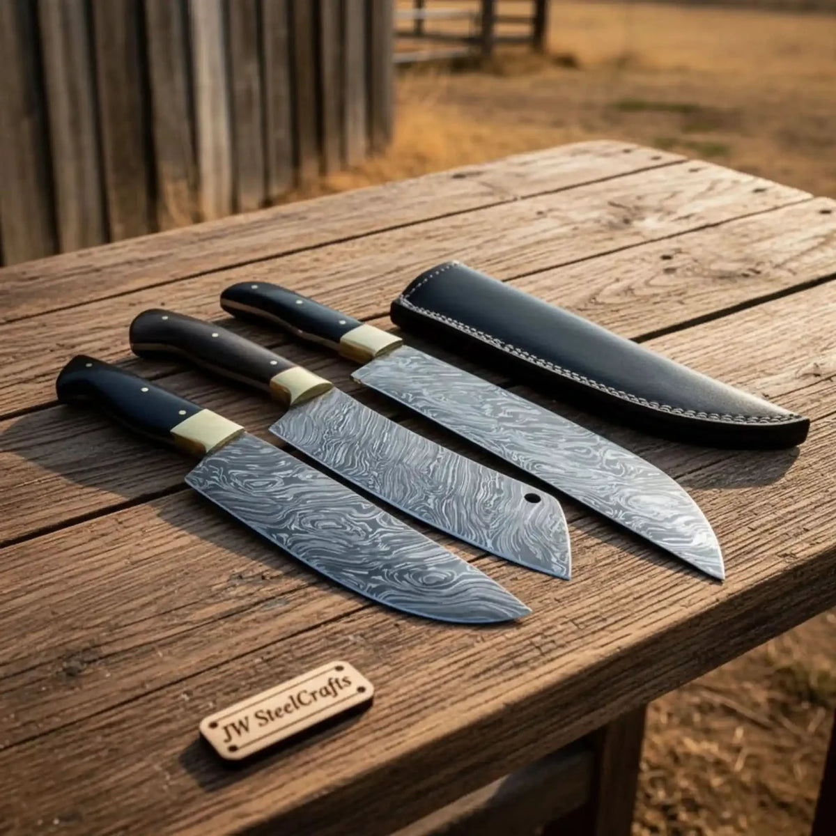 3 Piece Damascus Gyuto Santoku Utility Knife Set with Black Handles