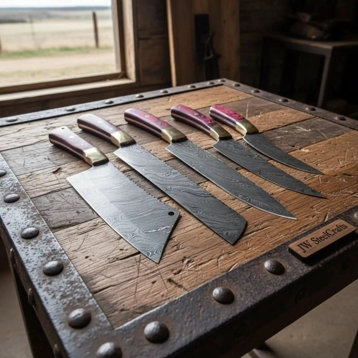 5-Piece Damascus Knife Set with Red Pakkawood, Brass Bolster, Cleaver and Bread Knife
