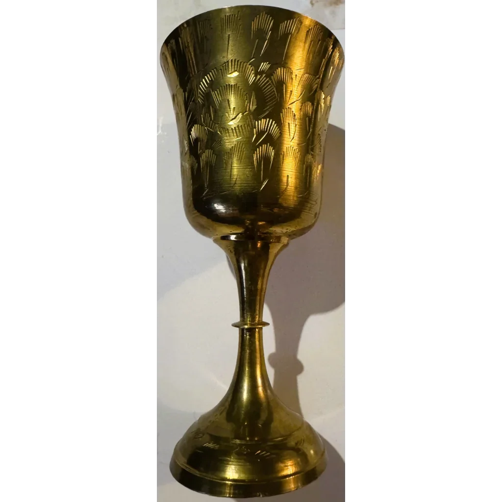 Vintage Etched Brass Goblet Chalice 🏺 Indian Bright-Cut Engraving INDIA Scratch Mark to Base