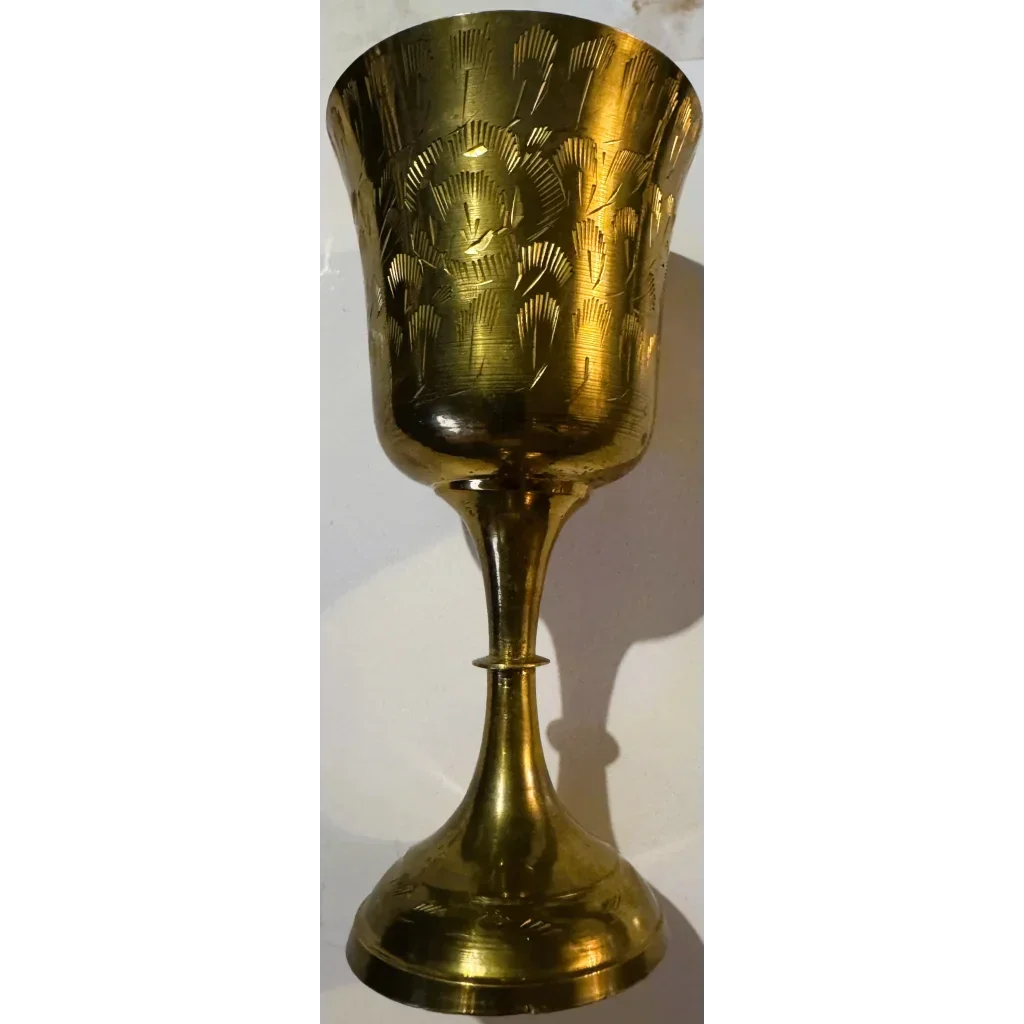 Vintage Etched Brass Goblet Chalice 🏺 Indian Bright-Cut Engraving INDIA Scratch Mark to Base