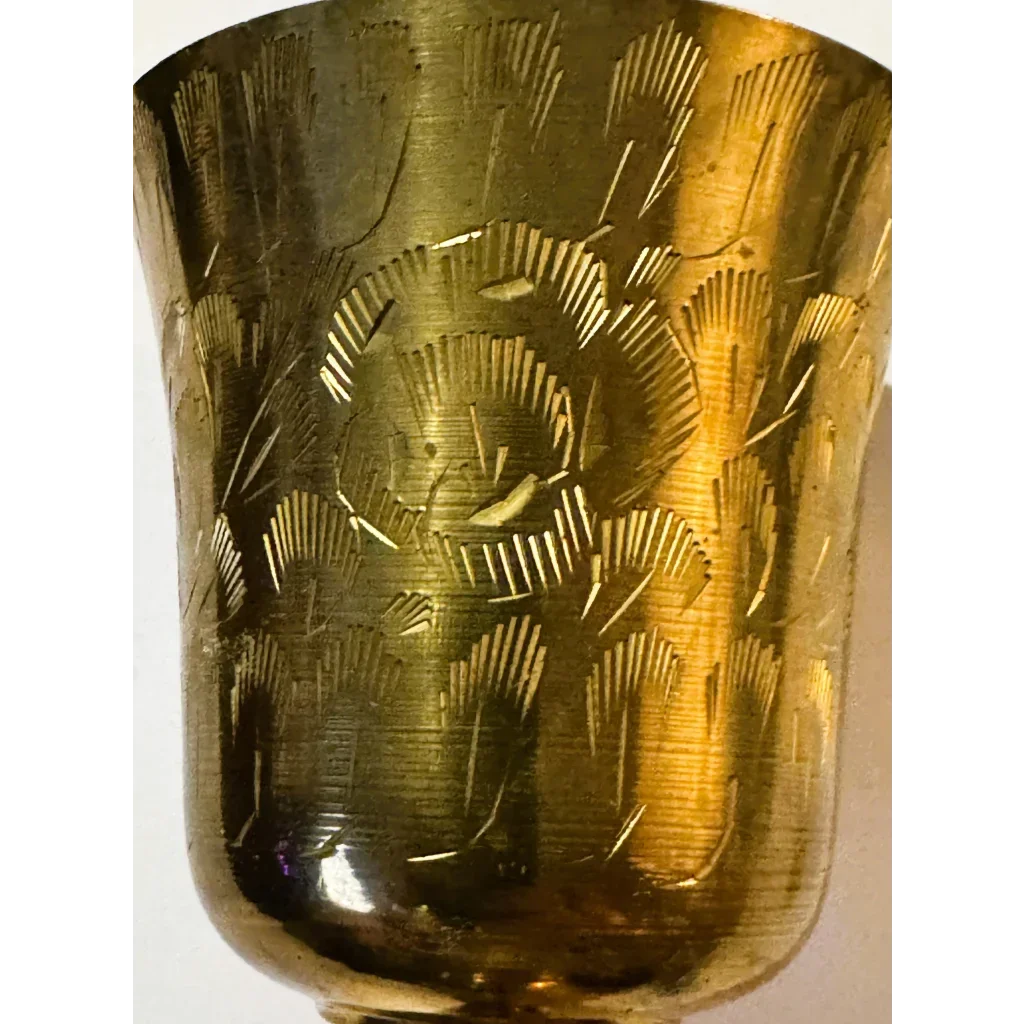 Vintage Etched Brass Goblet Chalice 🏺 Indian Bright-Cut Engraving INDIA Scratch Mark to Base