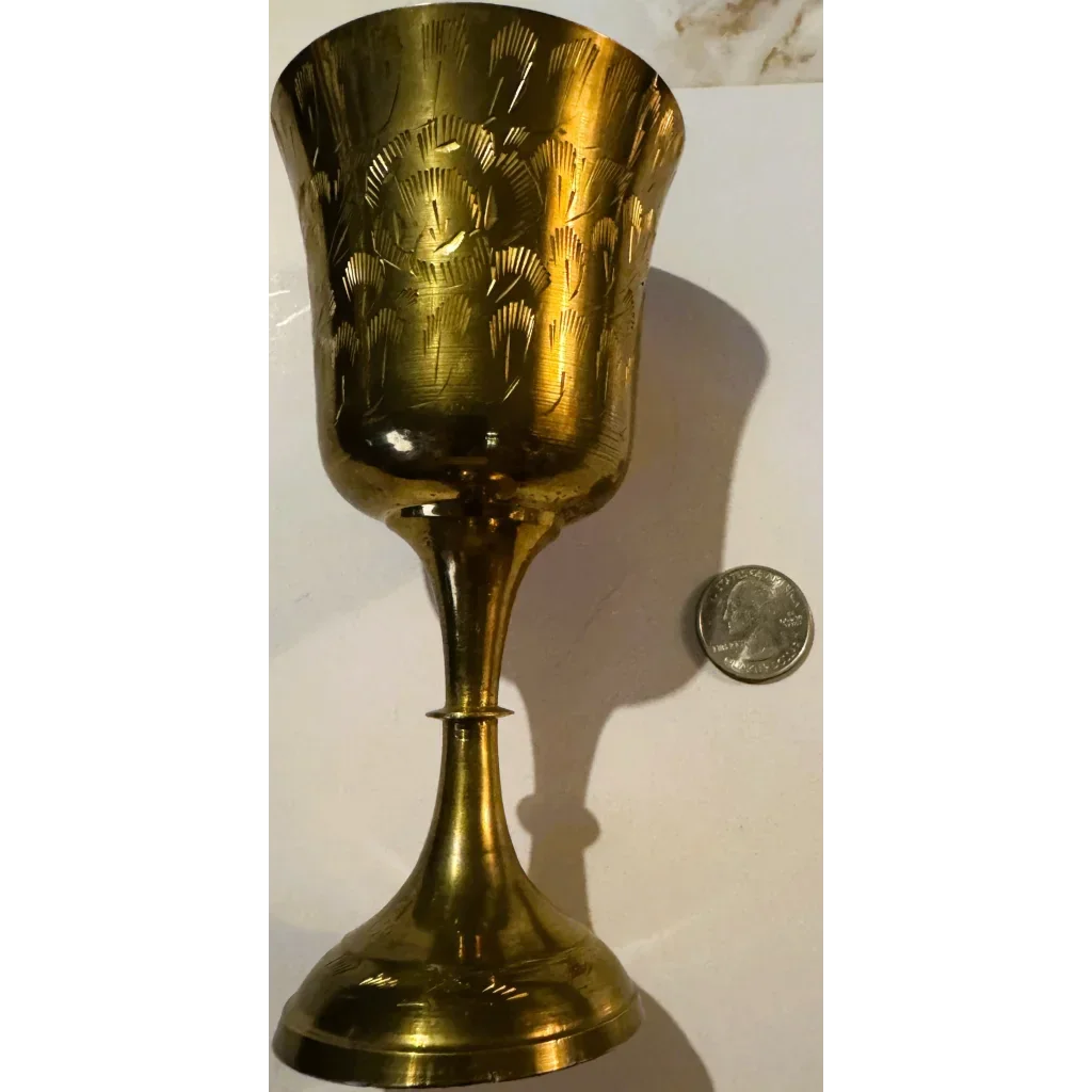 Vintage Etched Brass Goblet Chalice 🏺 Indian Bright-Cut Engraving INDIA Scratch Mark to Base