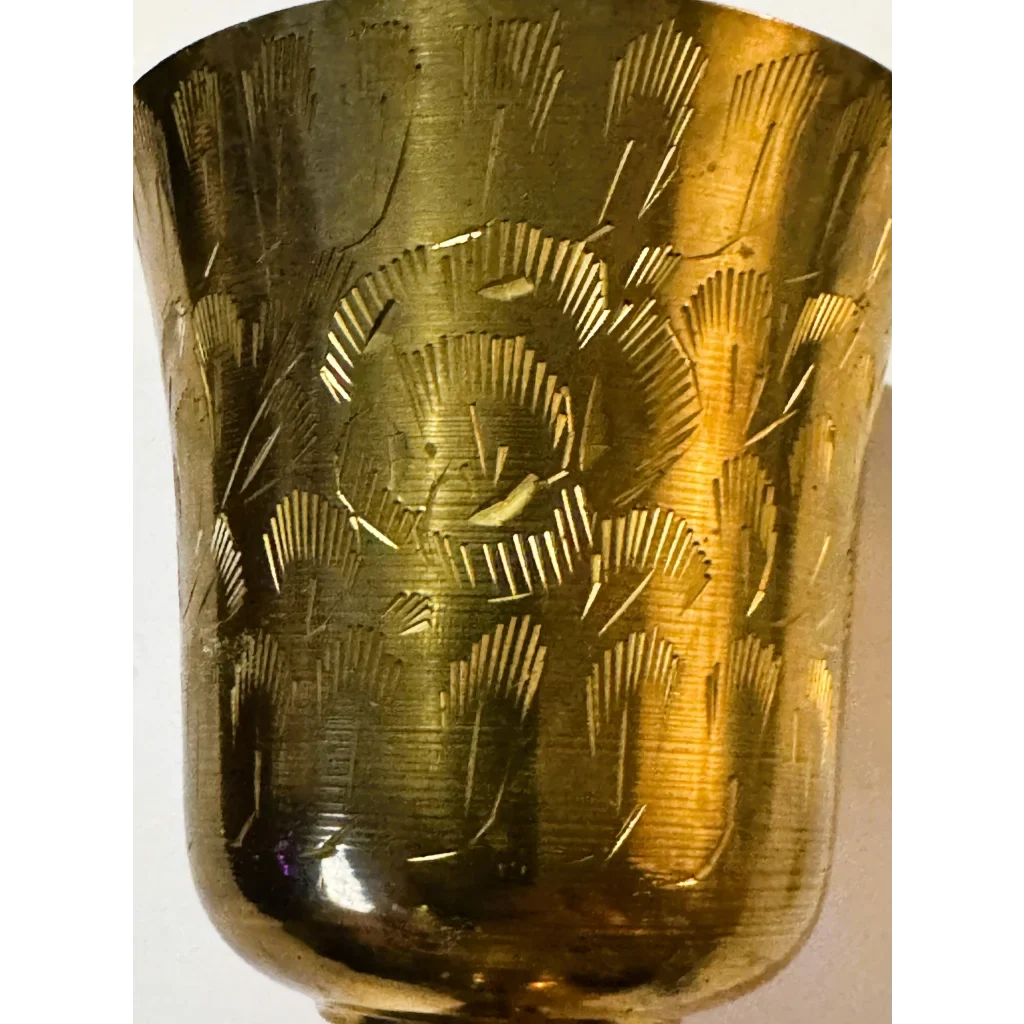 Vintage Etched Brass Goblet Chalice 🏺 Indian Bright-Cut Engraving INDIA Scratch Mark to Base