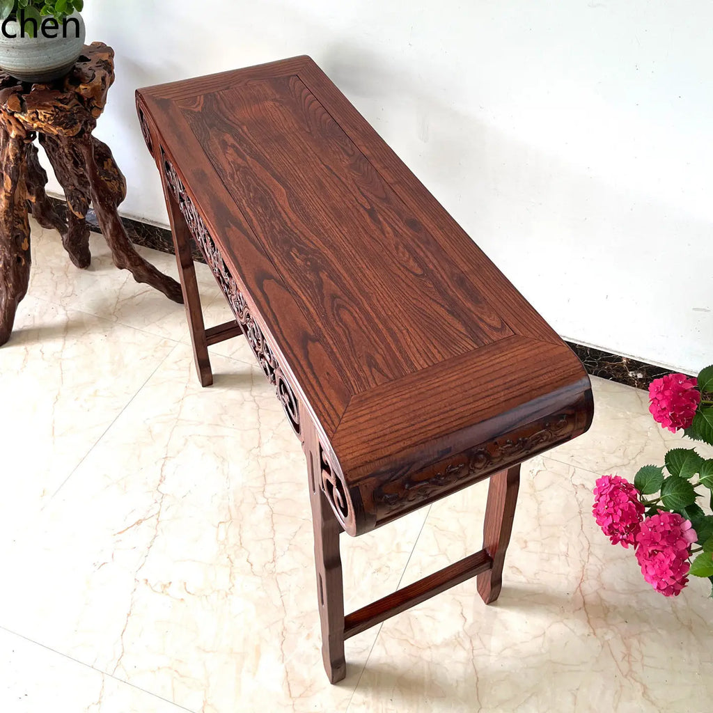 Solid Wood Guqin Console Table – Scroll-Head Altar Table