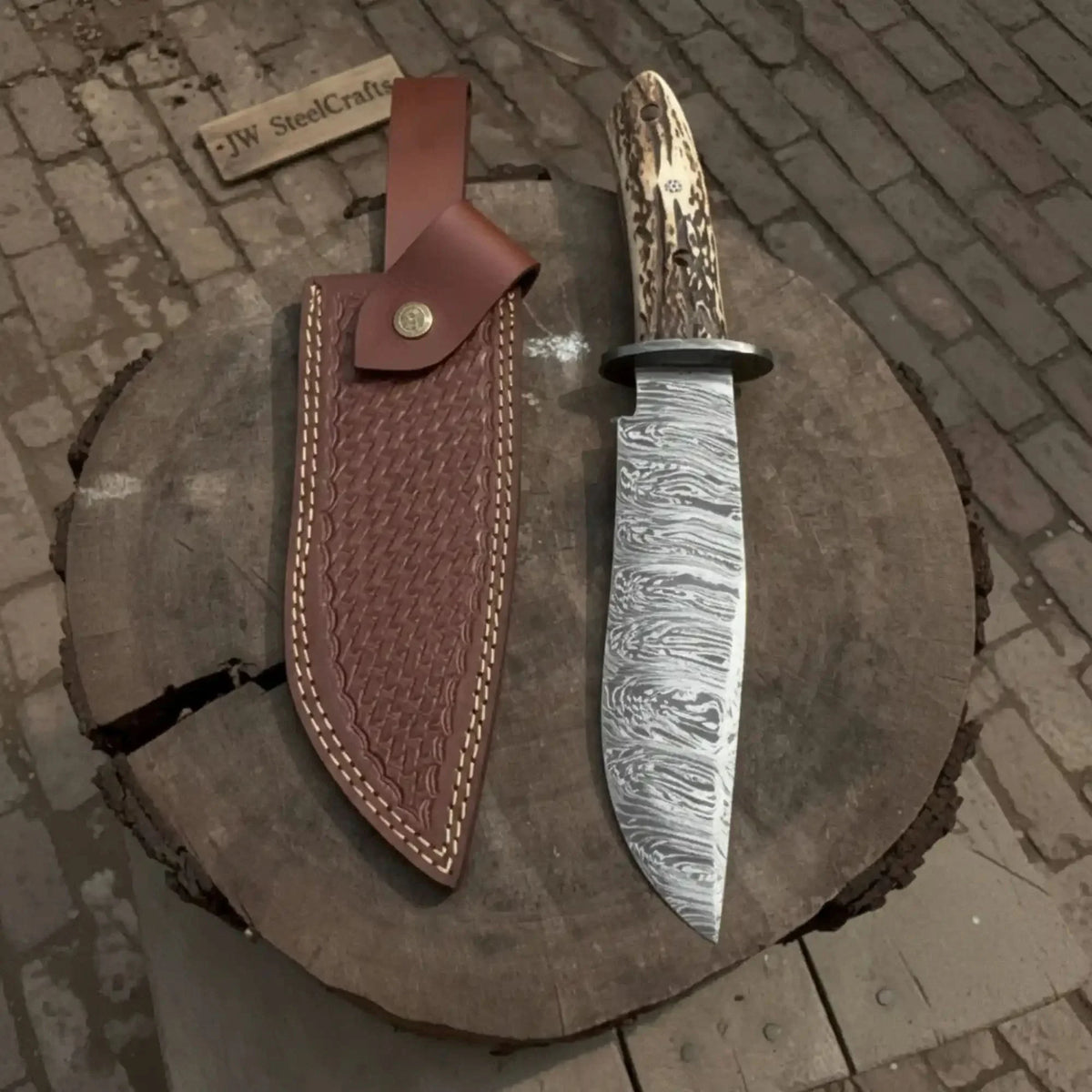 Timberhorn Bowie Blade  Handmade 8" Clip Point Hunting Blade with Stag Handle & Leather Sheath