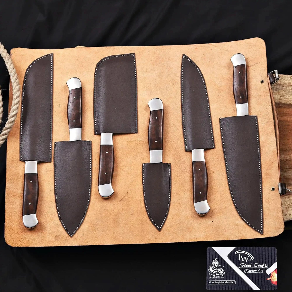 6-Piece High Carbon Steel Kitchen Knife Set with Leather Roll Olive Wood Handles, Steel Bolsters, 7 to 12 Inc