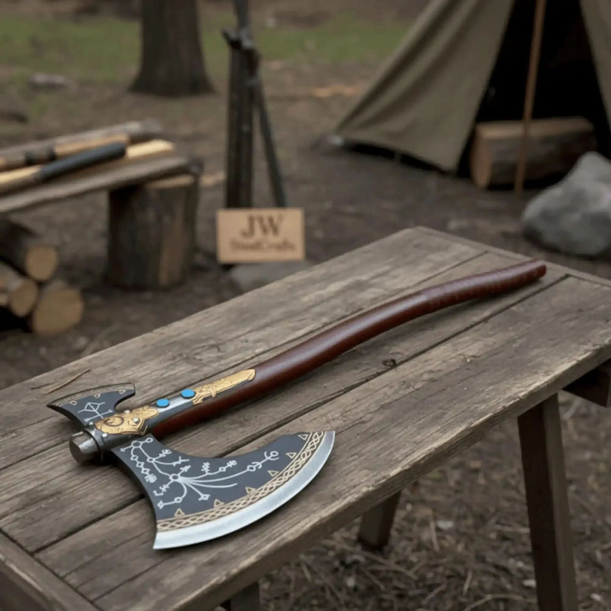 Hand Forged Viking Fantasy Double-Bit Axe with Norse Engraving, Gold Handle Fittings and Blue Gemstone Inlays