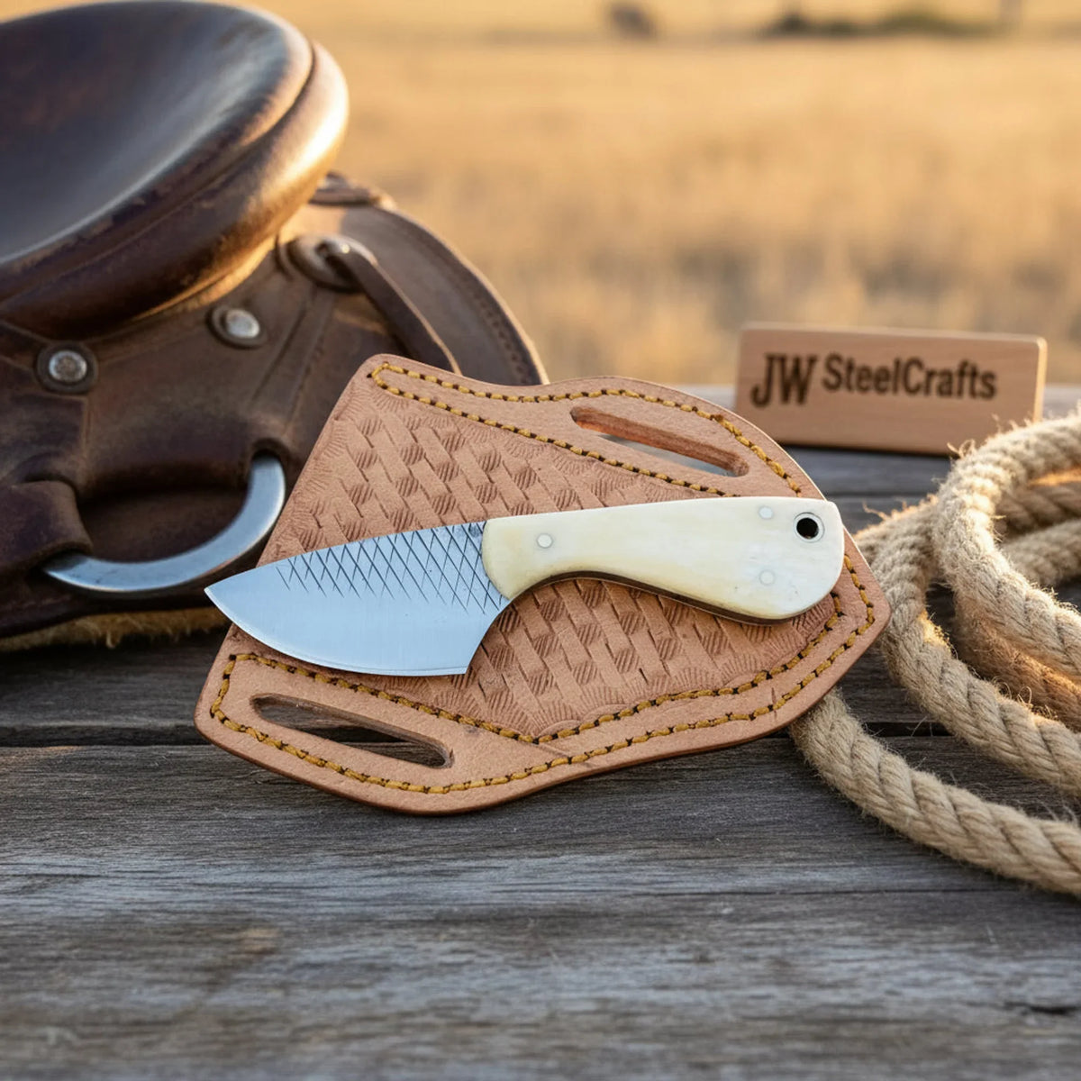 Handmade Rasp Steel Cowboy Knife White Bone Handle Western Pancake Leather Sheath 5"