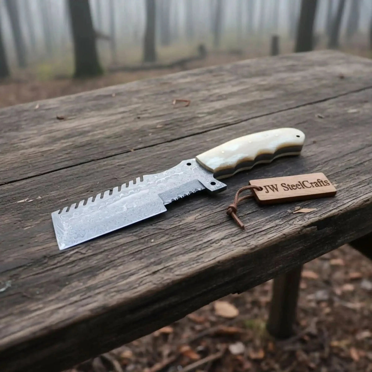 Handmade Damascus Combtooth Tracker Knife 10" with Bone Handle, Fixed Blade