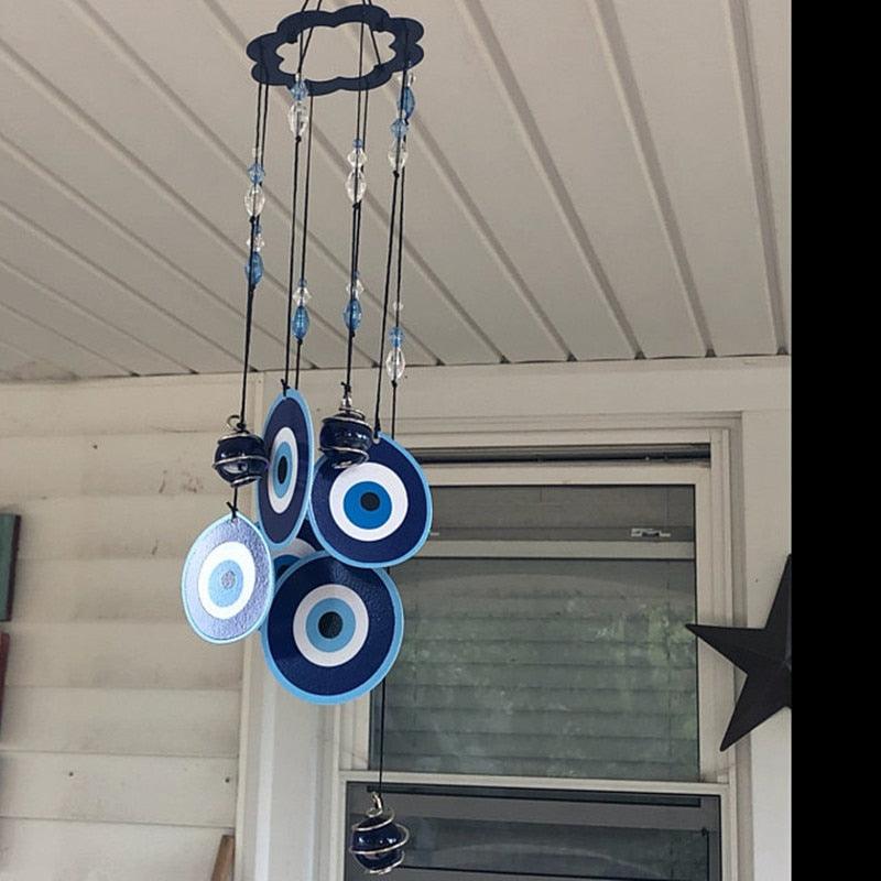 Turkish Ornament With Hanging Evil Eye & Bell Wind Chimes Blue Evil Eye Amulet Sign Of Protection Blessing & Strength Wall Hanging Home Garden Decoration Blessing Gift Lucky Pendant Home Decorative Items & Accessories Car Ornaments For Rear View Mirror