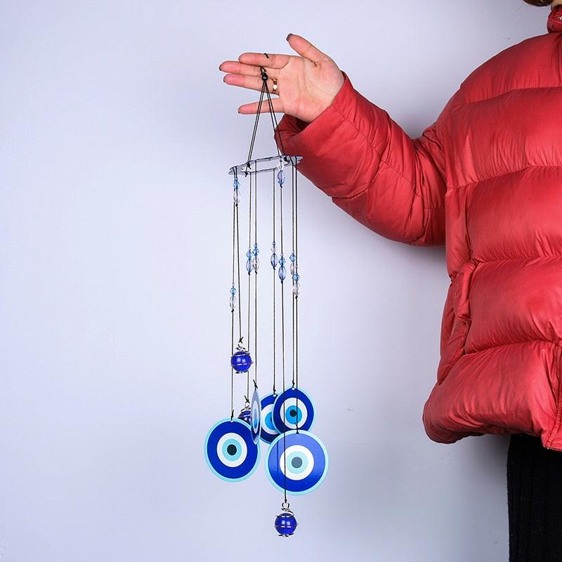 Turkish Ornament With Hanging Evil Eye & Bell Wind Chimes Blue Evil Eye Amulet Sign Of Protection Blessing & Strength Wall Hanging Home Garden Decoration Blessing Gift Lucky Pendant Home Decorative Items & Accessories Car Ornaments For Rear View Mirror