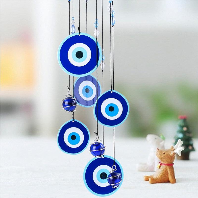 Turkish Ornament With Hanging Evil Eye & Bell Wind Chimes Blue Evil Eye Amulet Sign Of Protection Blessing & Strength Wall Hanging Home Garden Decoration Blessing Gift Lucky Pendant Home Decorative Items & Accessories Car Ornaments For Rear View Mirror